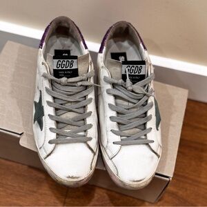 Golden Goose White Super-star Sneakers Green Star Glitter Purple Heel 39